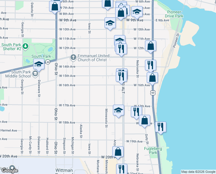 map of restaurants, bars, coffee shops, grocery stores, and more near 257 West 16th Avenue in Oshkosh