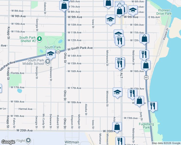 map of restaurants, bars, coffee shops, grocery stores, and more near 1501 Iowa Street in Oshkosh