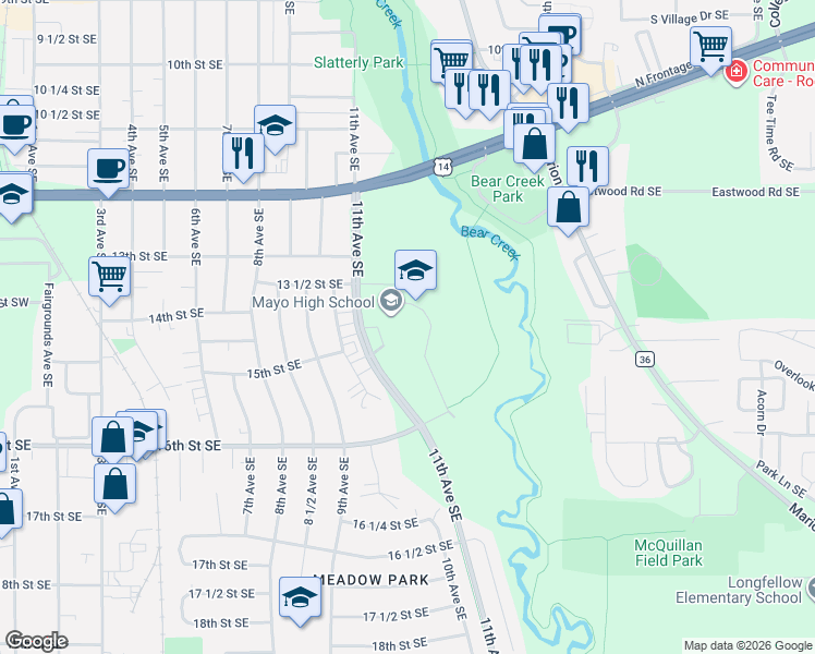map of restaurants, bars, coffee shops, grocery stores, and more near 1420 11th Avenue Southeast in Rochester