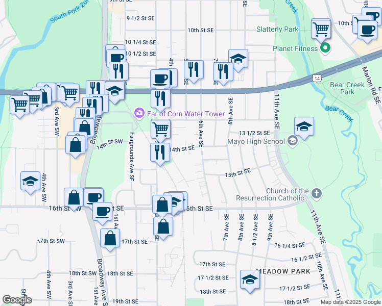 map of restaurants, bars, coffee shops, grocery stores, and more near 1347 6th Avenue Southeast in Rochester