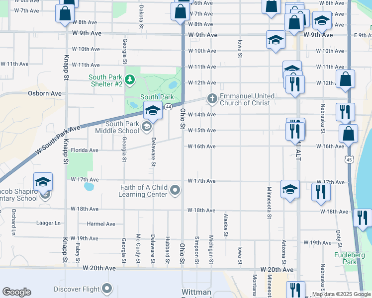 map of restaurants, bars, coffee shops, grocery stores, and more near 1512 Ohio Street in Oshkosh