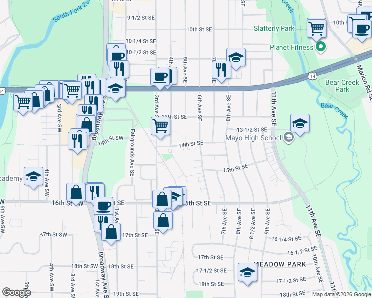 map of restaurants, bars, coffee shops, grocery stores, and more near 504 14th Street Southeast in Rochester