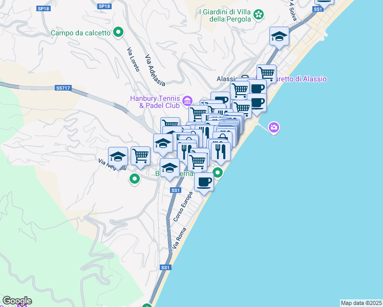 map of restaurants, bars, coffee shops, grocery stores, and more near 72 Via Dante in Alassio