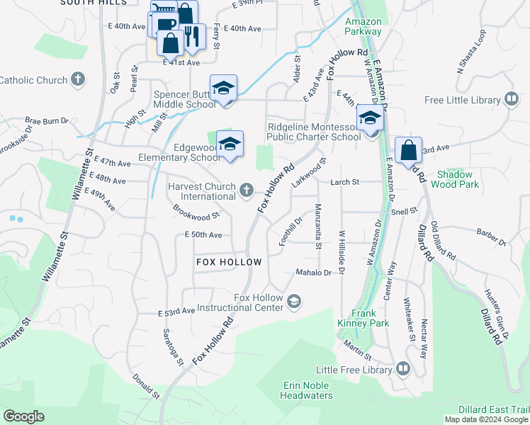 map of restaurants, bars, coffee shops, grocery stores, and more near 4697 Fox Hollow Road in Eugene