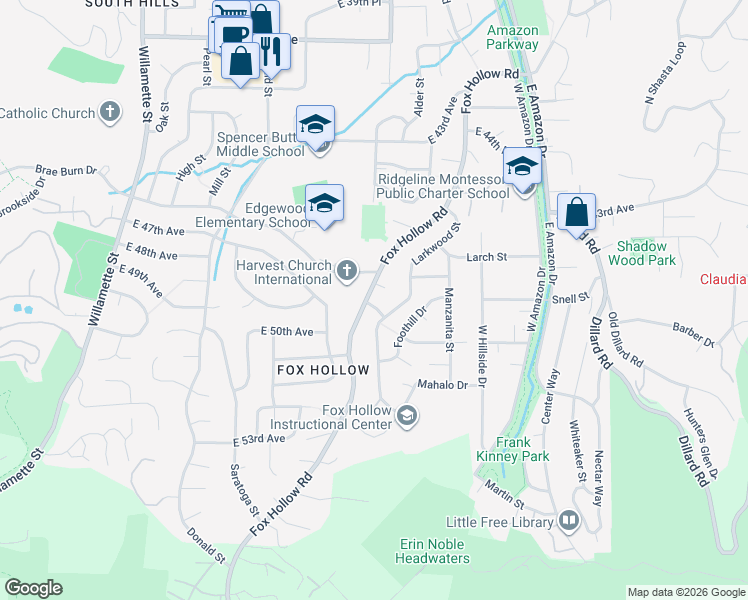 map of restaurants, bars, coffee shops, grocery stores, and more near 4625 Fox Hollow Road in Eugene