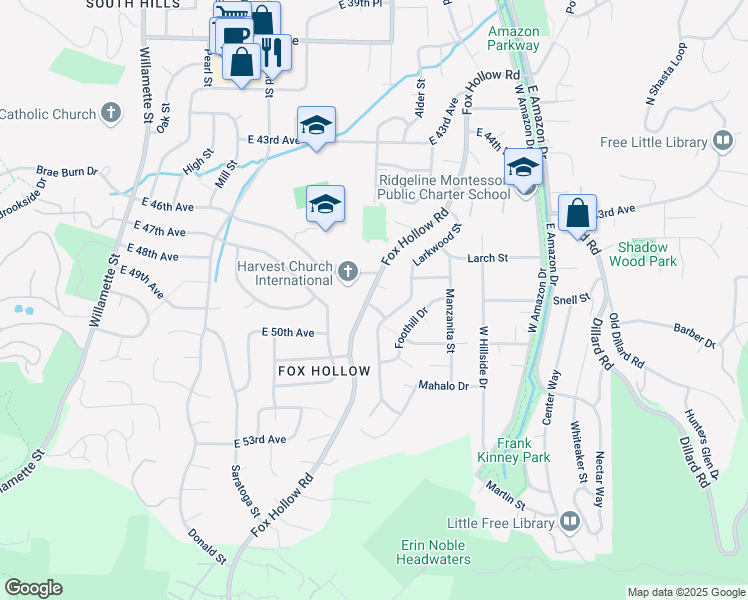 map of restaurants, bars, coffee shops, grocery stores, and more near 4695 Fox Hollow Road in Eugene