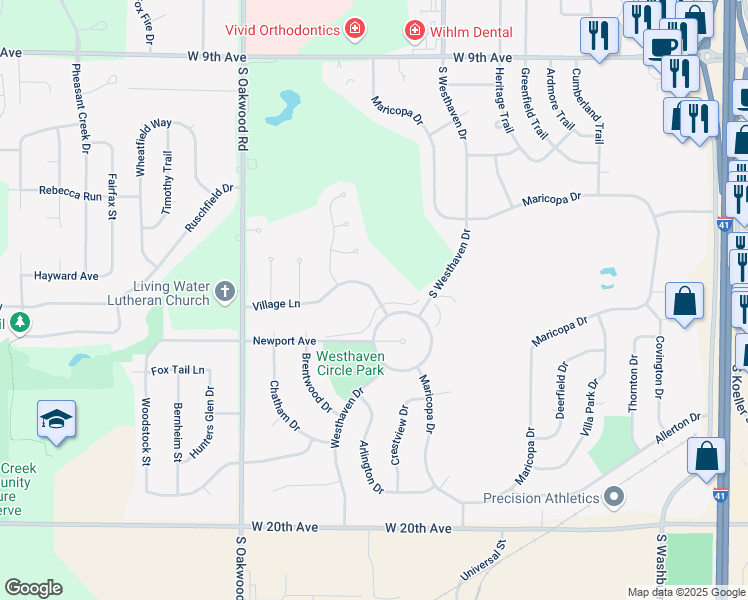 map of restaurants, bars, coffee shops, grocery stores, and more near 2550 Village Lane in Oshkosh
