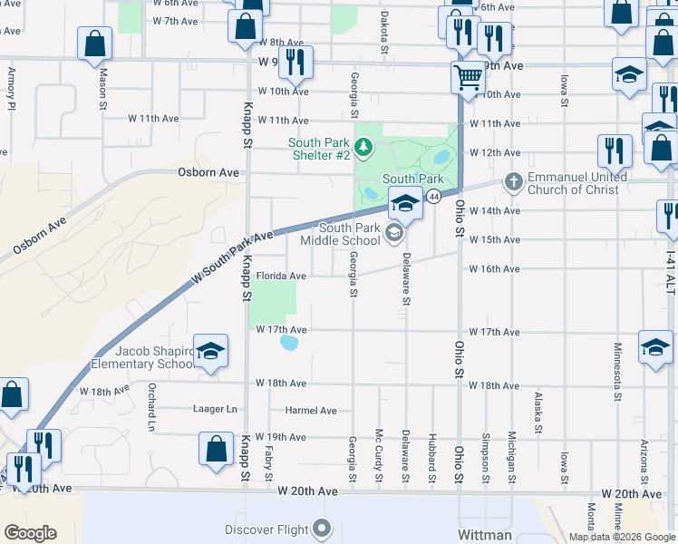 map of restaurants, bars, coffee shops, grocery stores, and more near 1561 Fairlawn Street in Oshkosh
