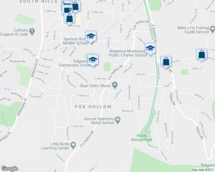 map of restaurants, bars, coffee shops, grocery stores, and more near 4625 Fox Hollow Road in Eugene