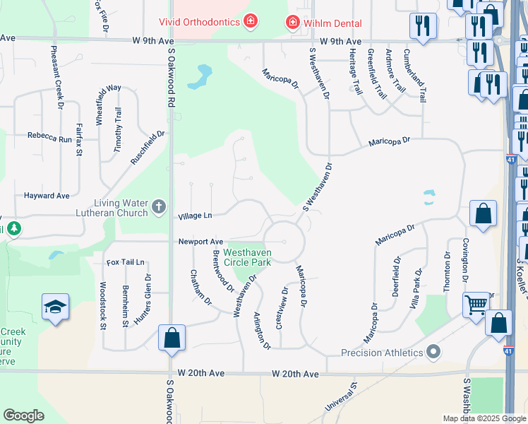 map of restaurants, bars, coffee shops, grocery stores, and more near 2550 Village Lane in Oshkosh