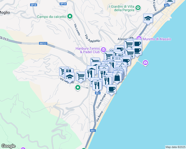 map of restaurants, bars, coffee shops, grocery stores, and more near 18 Via G.Gastaldi in Alassio