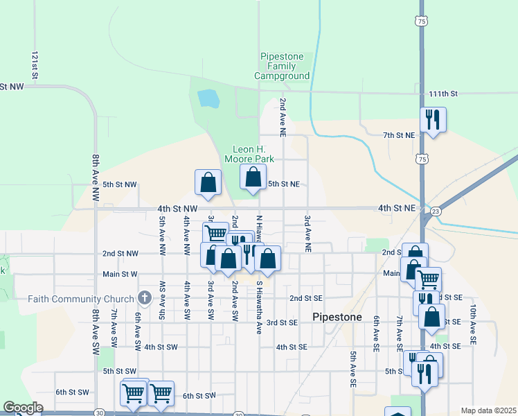 map of restaurants, bars, coffee shops, grocery stores, and more near 400 North Hiawatha Avenue in Pipestone