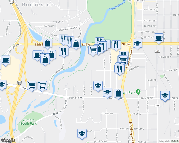 map of restaurants, bars, coffee shops, grocery stores, and more near 1403 5th Avenue Southwest in Rochester