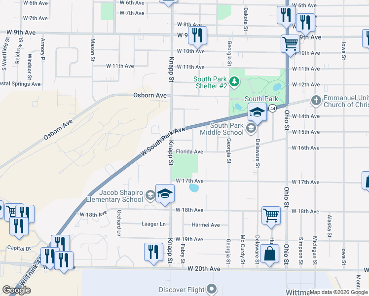 map of restaurants, bars, coffee shops, grocery stores, and more near 920 Erie Avenue in Oshkosh