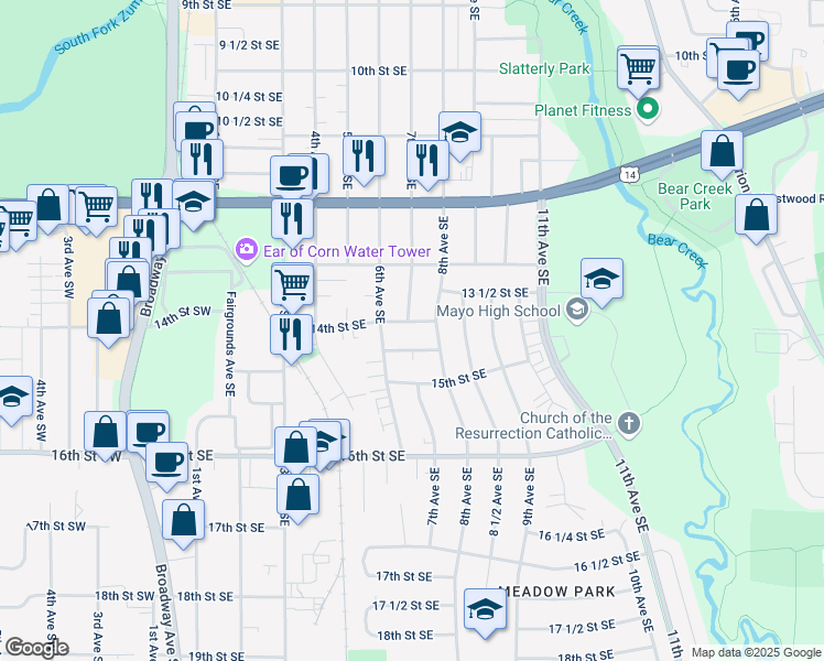 map of restaurants, bars, coffee shops, grocery stores, and more near 1345 7th Avenue Southeast in Rochester