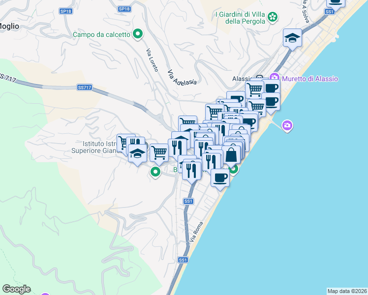 map of restaurants, bars, coffee shops, grocery stores, and more near 18 Via G.Gastaldi in Alassio