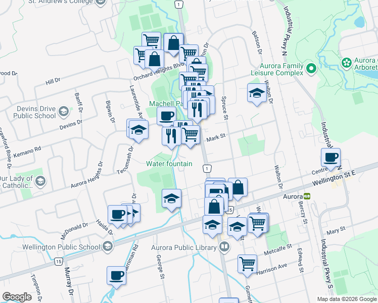 map of restaurants, bars, coffee shops, grocery stores, and more near in Aurora
