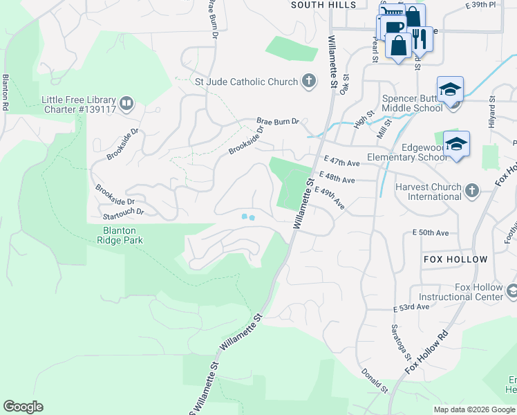 map of restaurants, bars, coffee shops, grocery stores, and more near 270 Rockridge Court in Eugene
