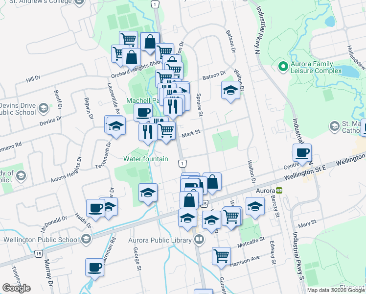 map of restaurants, bars, coffee shops, grocery stores, and more near 15407 York Regional Road 1 in Aurora