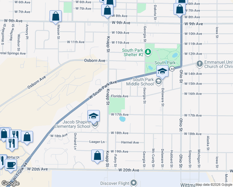 map of restaurants, bars, coffee shops, grocery stores, and more near 920 Erie Avenue in Oshkosh