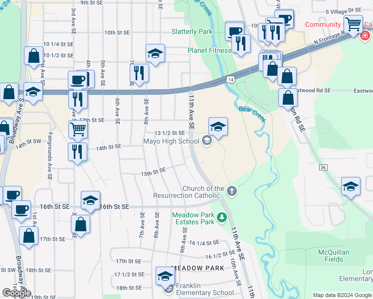 map of restaurants, bars, coffee shops, grocery stores, and more near 1363 10th Avenue Southeast in Rochester