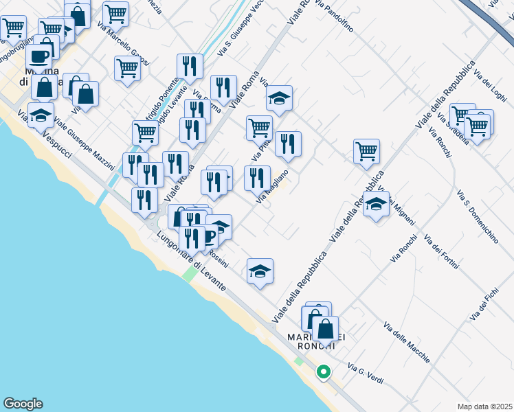 map of restaurants, bars, coffee shops, grocery stores, and more near 21 Via Magliano in Massa