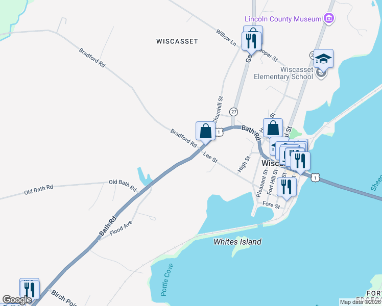 map of restaurants, bars, coffee shops, grocery stores, and more near 68 Bradford Road in Wiscasset