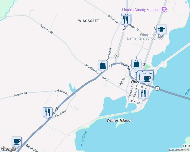 map of restaurants, bars, coffee shops, grocery stores, and more near 68 Bradford Road in Wiscasset