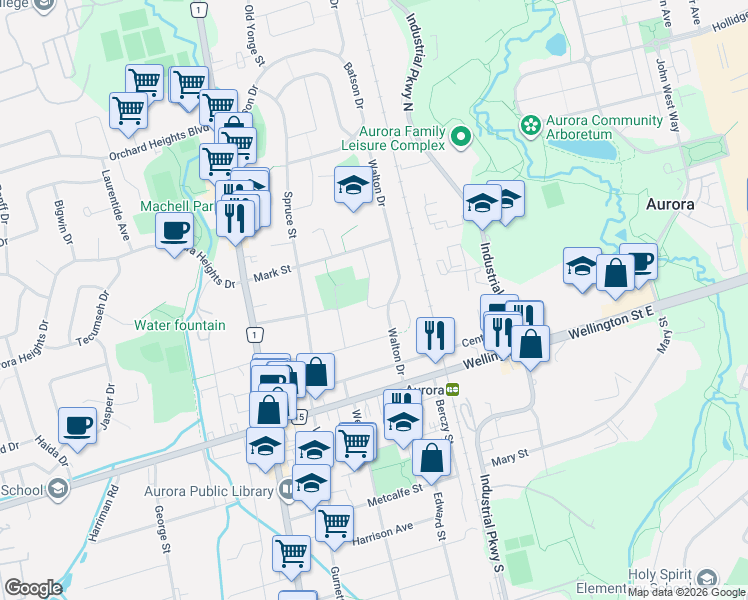 map of restaurants, bars, coffee shops, grocery stores, and more near 5 Cedar Crescent in Aurora