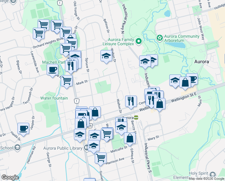 map of restaurants, bars, coffee shops, grocery stores, and more near 5 Cedar Crescent in Aurora