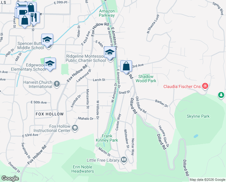 map of restaurants, bars, coffee shops, grocery stores, and more near 4690 West Amazon Drive in Eugene
