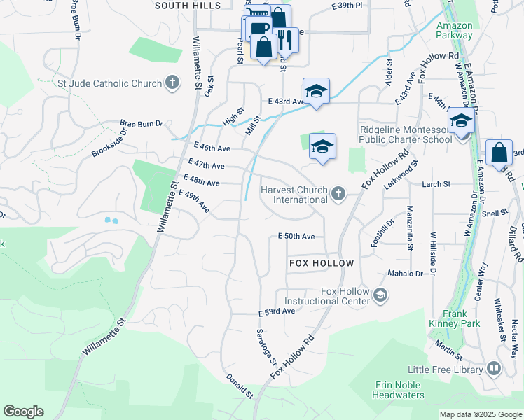 map of restaurants, bars, coffee shops, grocery stores, and more near 4745 Brookwood Street in Eugene