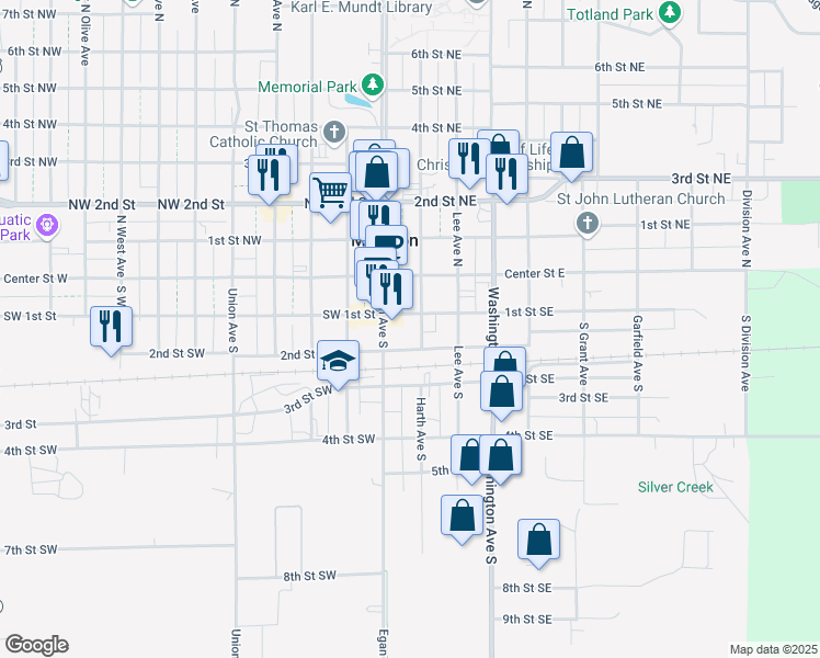 map of restaurants, bars, coffee shops, grocery stores, and more near 121 1st Street Southeast in Madison