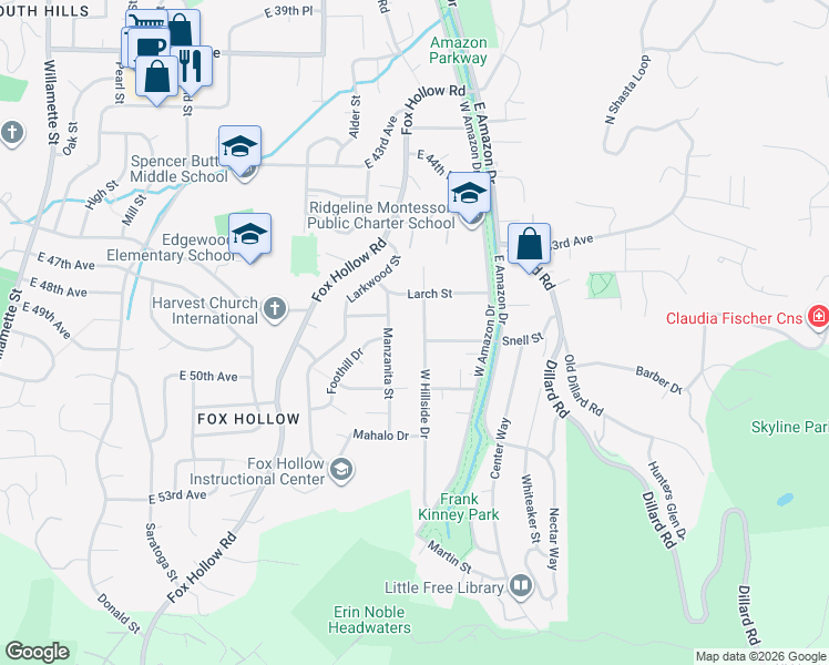 map of restaurants, bars, coffee shops, grocery stores, and more near 4680 West Hillside Drive in Eugene