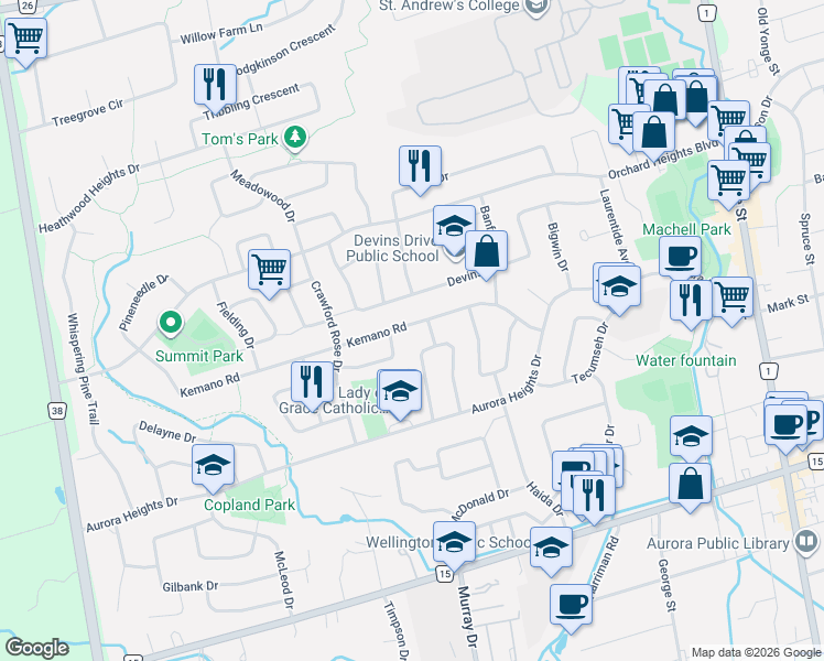 map of restaurants, bars, coffee shops, grocery stores, and more near in Aurora