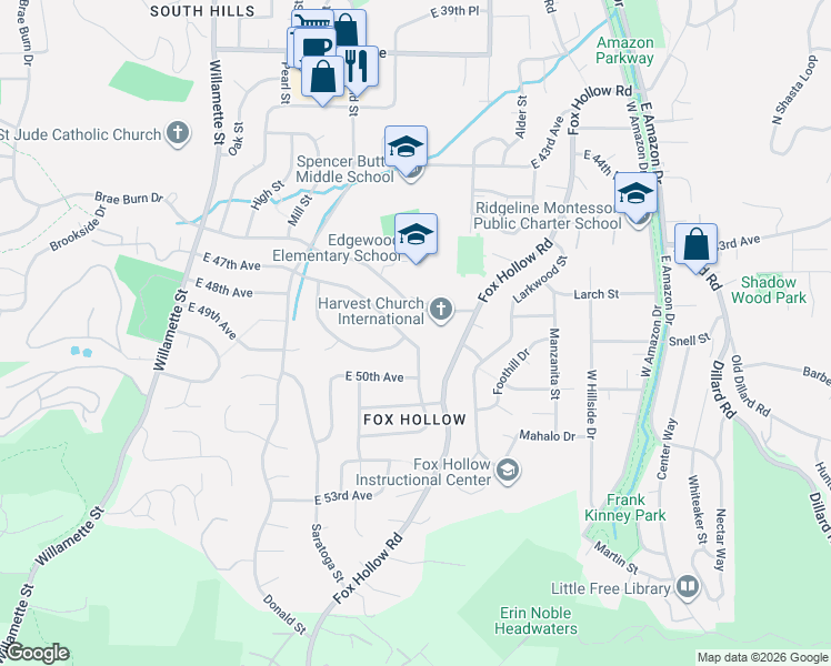 map of restaurants, bars, coffee shops, grocery stores, and more near 565 Kingswood Avenue in Eugene