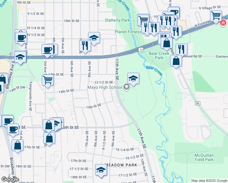 map of restaurants, bars, coffee shops, grocery stores, and more near 1363 10th Avenue Southeast in Rochester