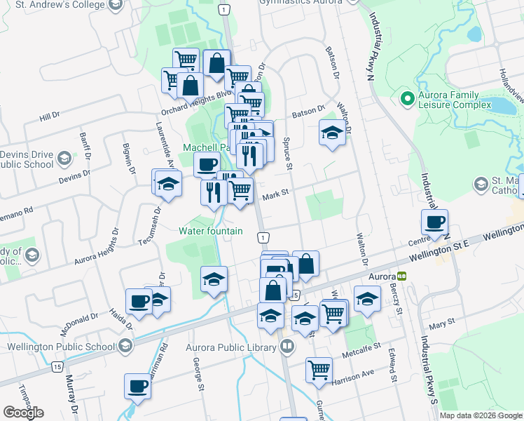 map of restaurants, bars, coffee shops, grocery stores, and more near 15407 York Regional Road 1 in Aurora