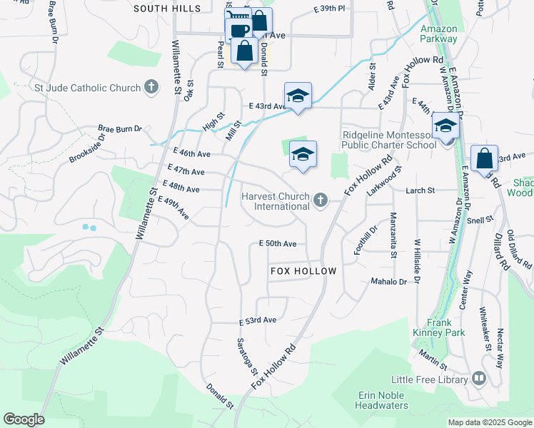 map of restaurants, bars, coffee shops, grocery stores, and more near 558 Kingswood Avenue in Eugene