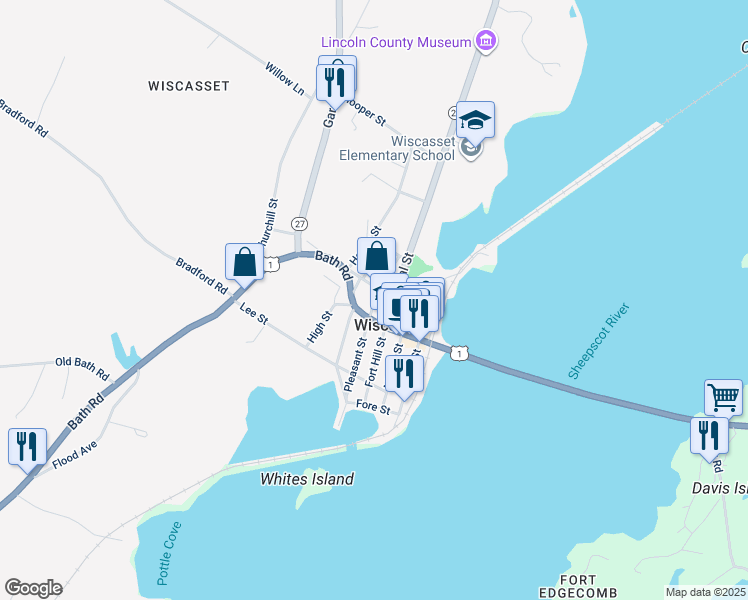 map of restaurants, bars, coffee shops, grocery stores, and more near 62 Pleasant Street in Wiscasset