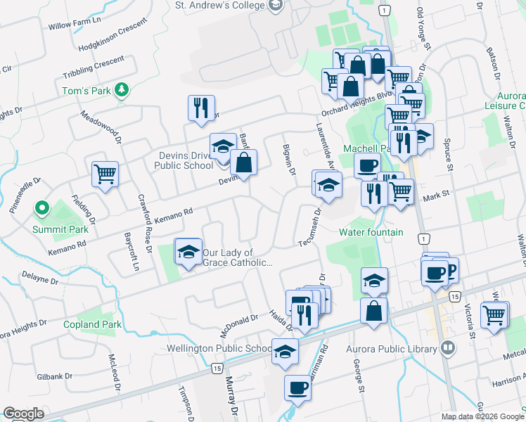 map of restaurants, bars, coffee shops, grocery stores, and more near 7 Kemano Road in Aurora