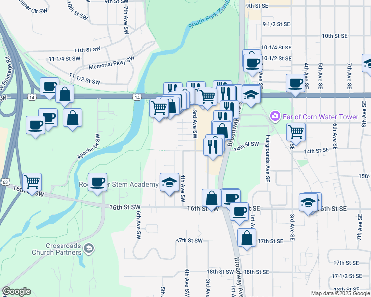 map of restaurants, bars, coffee shops, grocery stores, and more near 1339 3rd Avenue Southwest in Rochester