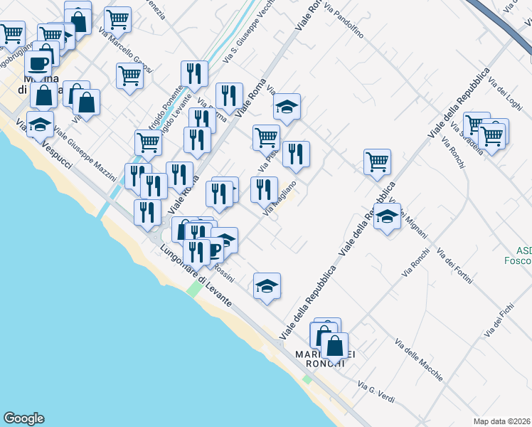 map of restaurants, bars, coffee shops, grocery stores, and more near 21 Via Magliano in Massa