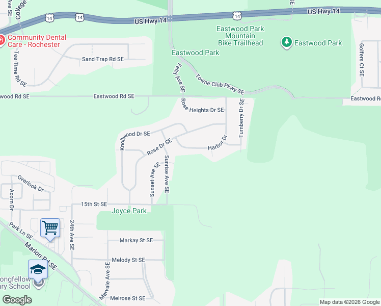 map of restaurants, bars, coffee shops, grocery stores, and more near 3006 Harbor Drive in Rochester