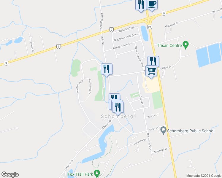 map of restaurants, bars, coffee shops, grocery stores, and more near 314 Main Street in Schomberg