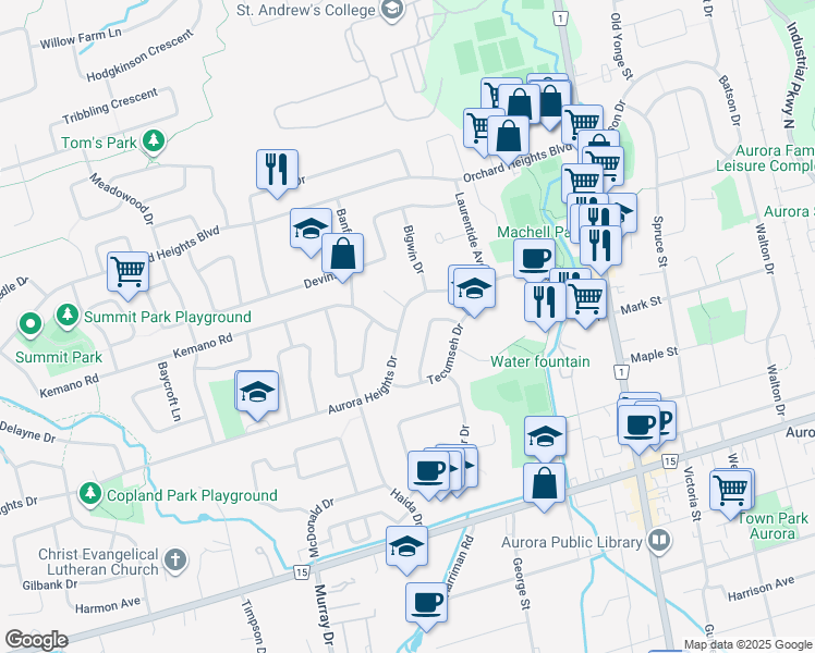 map of restaurants, bars, coffee shops, grocery stores, and more near 45 Aurora Heights Drive in Aurora