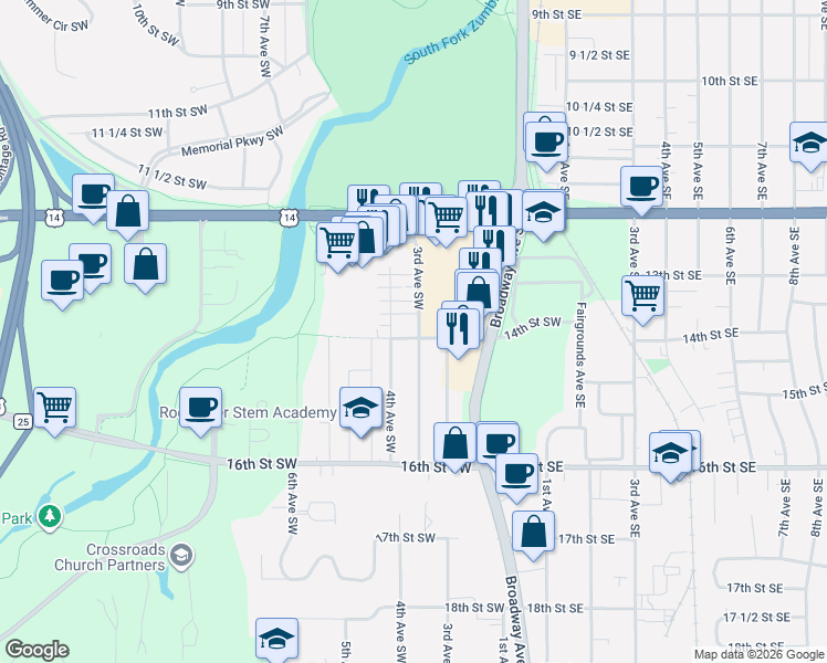 map of restaurants, bars, coffee shops, grocery stores, and more near 1339 3rd Avenue Southwest in Rochester