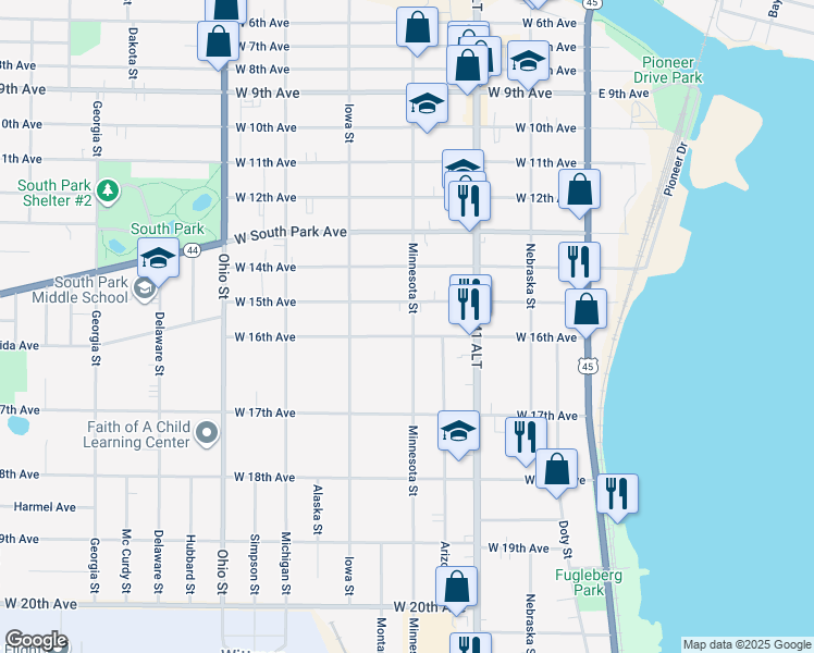 map of restaurants, bars, coffee shops, grocery stores, and more near 1525 Minnesota Street in Oshkosh