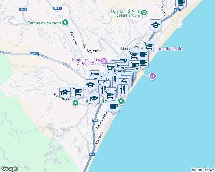 map of restaurants, bars, coffee shops, grocery stores, and more near 72 Via Dante in Alassio