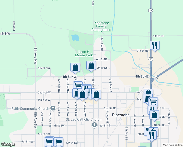 map of restaurants, bars, coffee shops, grocery stores, and more near 400 North Hiawatha Avenue in Pipestone